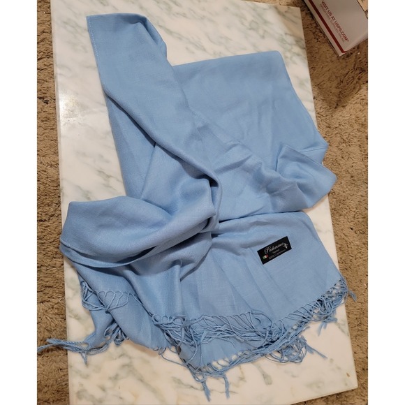Pashmina Finished 100% Cashmere Light Blue Scarf Wrap Shawl with Fringes - Picture 3 of 5